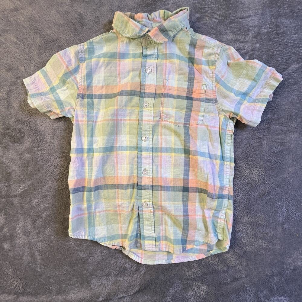 Easter Plaid Shirt Boys Small 6/7 Pink Green Button Up Pocket